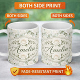 Personalized Custom Name Elegant White Roses Vintage Floral Seamless Pattern Cute Unique Gift 11oz Ceramic Coffee Tea Mug White Large Handle