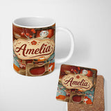 Personalized Custom Name Cute Cartoon Cats with Cherry Blossoms and Lantern Decor Playful 11oz Ceramic Coffee Tea Mug White Large Handle