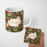 Personalized Custom Name Vintage Santa Claus Reindeer Poinsettia Flowers and Festive Holiday 11oz Ceramic Coffee Tea Mug White Large Handle