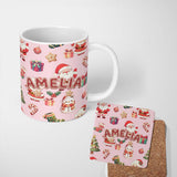 Personalized Custom Name Cute Santa Claus Mrs Claus Snowman Christmas Gift Pattern Pink 11oz Ceramic Coffee Tea Mug White Large Handle