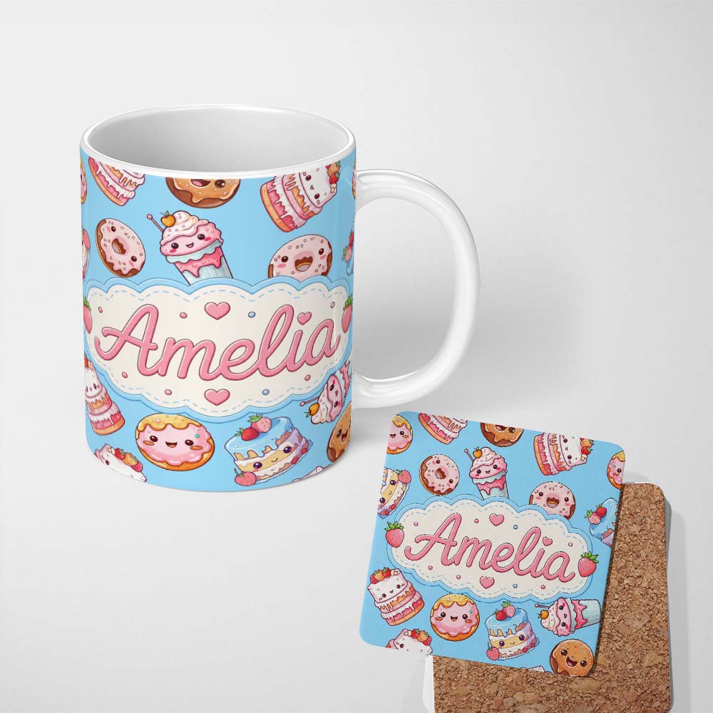 Personalized Custom Name Cute Kawaii Donut Cake Dessert Blue Background Seamless Pattern Name 11oz Ceramic Coffee Tea Mug White Large Handle
