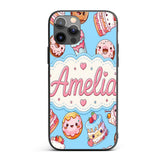 Cute Kawaii Donut Cake Dessert Blue Background Custom Name Protective Phone Case Mobile Cover Durable Everyday Smartphone Shock Resistant