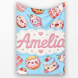 Cute Kawaii Donut Cake Dessert Blue Background Seamless Pattern Name  Personalised Custom Name Super Soft Fleece Blanket Bed Sofa Throw