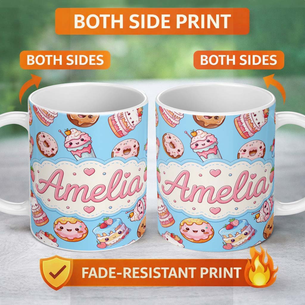 Personalized Custom Name Cute Kawaii Donut Cake Dessert Blue Background Seamless Pattern Name 11oz Ceramic Coffee Tea Mug White Large Handle