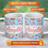 Personalized Custom Name Cute Kawaii Donut Cake Dessert Blue Background Seamless Pattern Name 11oz Ceramic Coffee Tea Mug White Large Handle