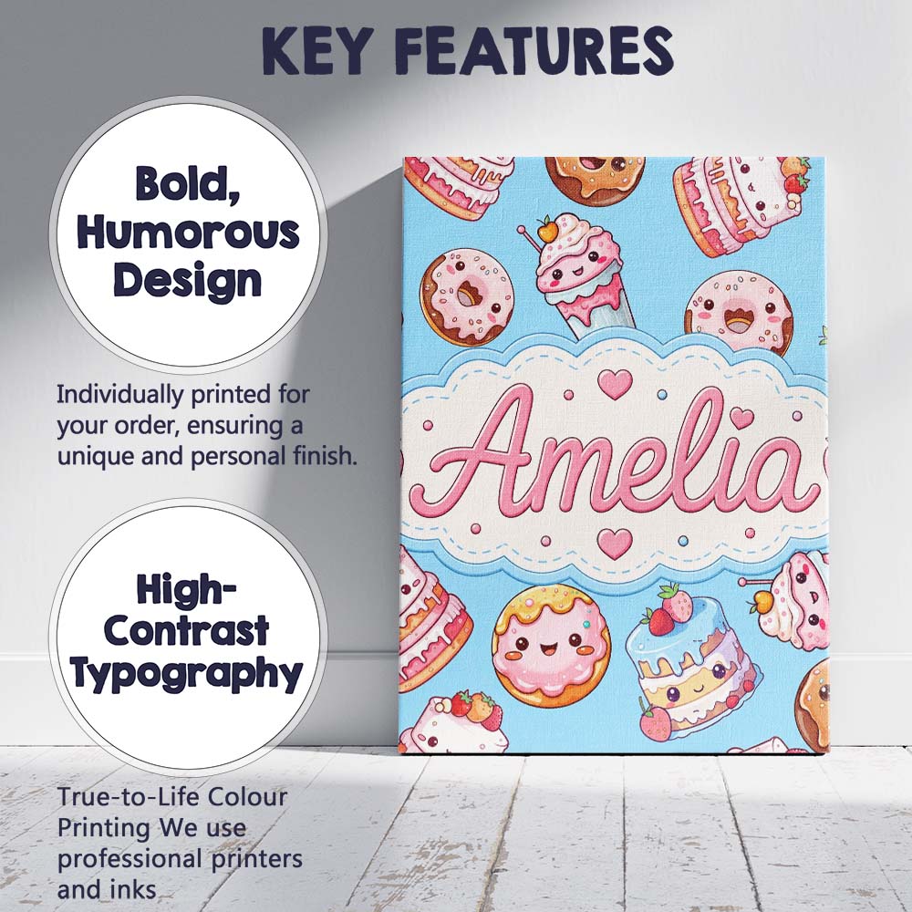 Personalised Name Cute Kawaii Donut Cake Custom  Unique Gift Idea Elegant Feature Canvas Wall Art Print Decor Picture Ready to Hang