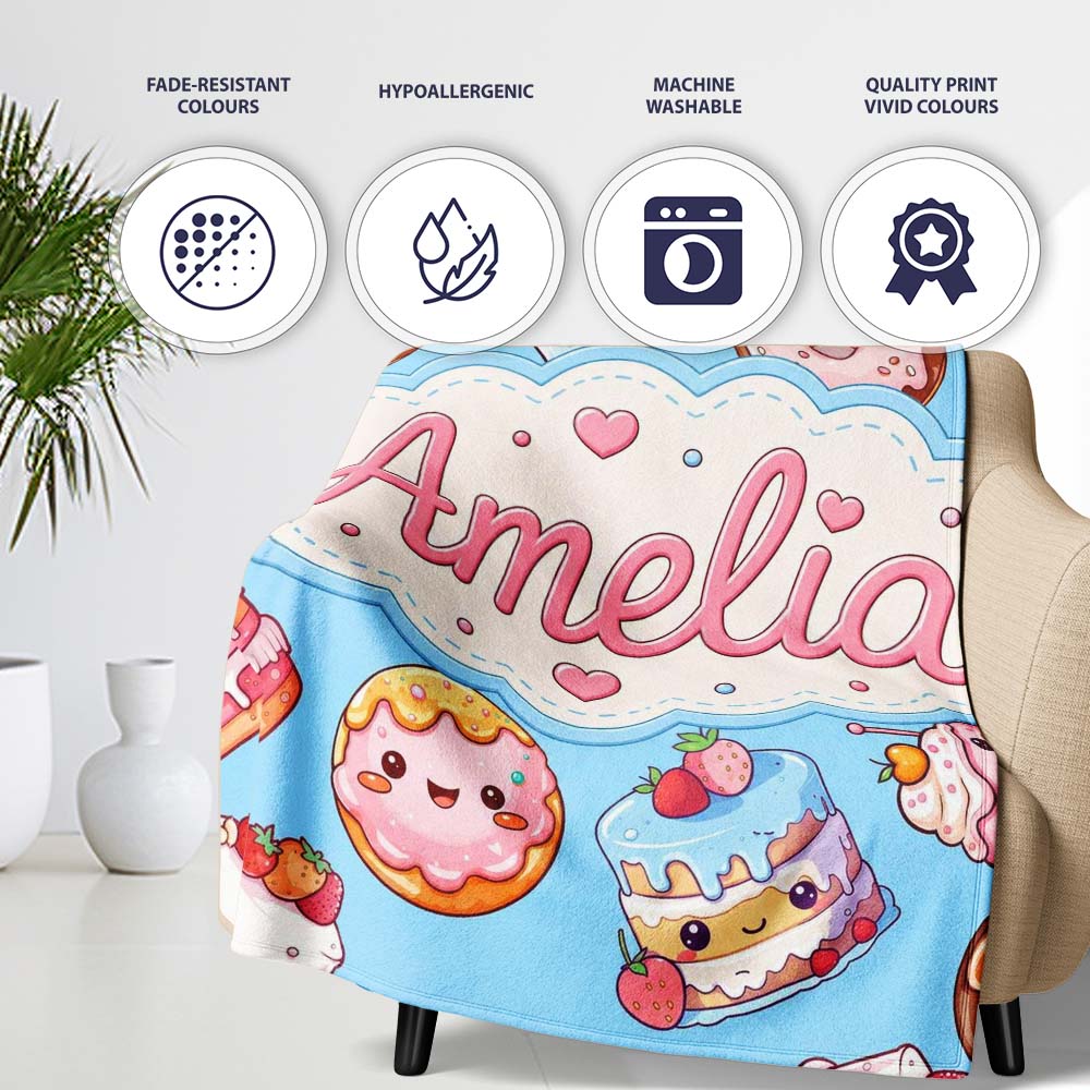 Cute Kawaii Donut Cake Dessert Blue Background Seamless Pattern Name  Personalised Custom Name Super Soft Fleece Blanket Bed Sofa Throw