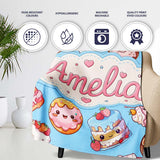 Cute Kawaii Donut Cake Dessert Blue Background Seamless Pattern Name  Personalised Custom Name Super Soft Fleece Blanket Bed Sofa Throw
