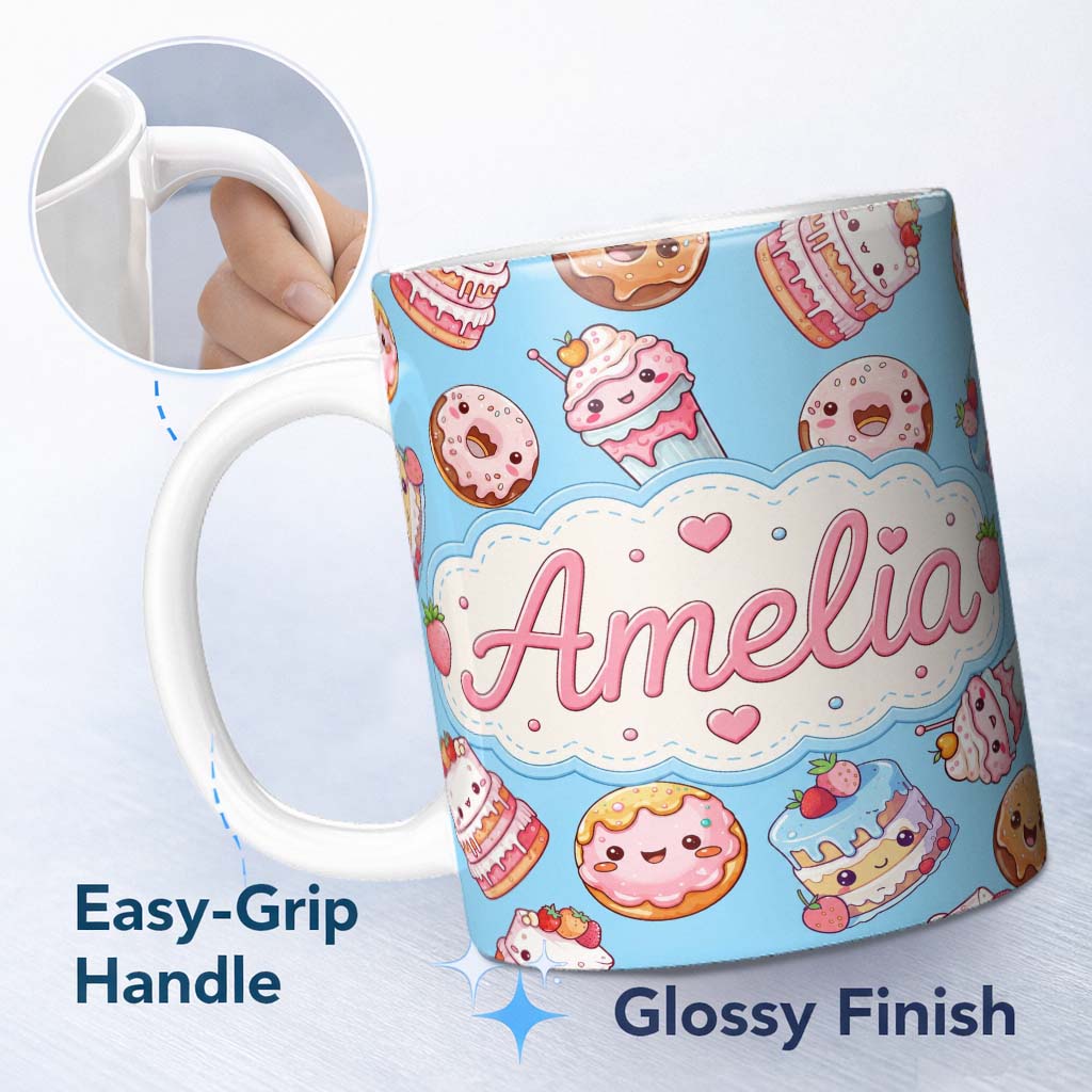 Personalized Custom Name Cute Kawaii Donut Cake Dessert Blue Background Seamless Pattern Name 11oz Ceramic Coffee Tea Mug White Large Handle