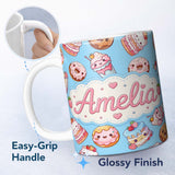 Personalized Custom Name Cute Kawaii Donut Cake Dessert Blue Background Seamless Pattern Name 11oz Ceramic Coffee Tea Mug White Large Handle