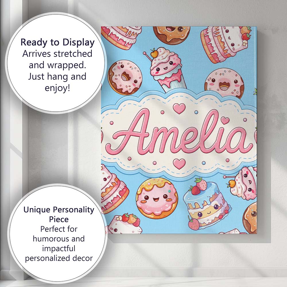 Personalised Name Cute Kawaii Donut Cake Custom  Unique Gift Idea Elegant Feature Canvas Wall Art Print Decor Picture Ready to Hang
