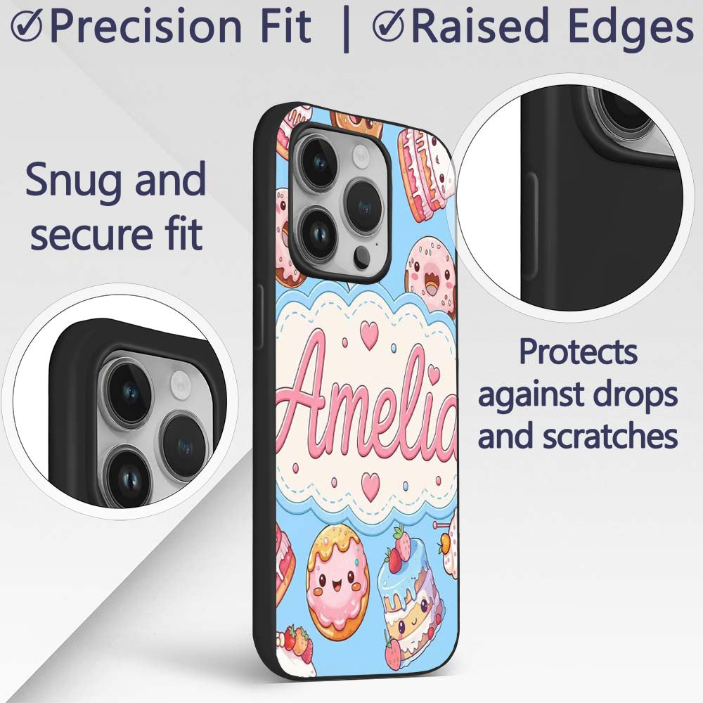 Cute Kawaii Donut Cake Dessert Blue Background Custom Name Protective Phone Case Mobile Cover Durable Everyday Smartphone Shock Resistant
