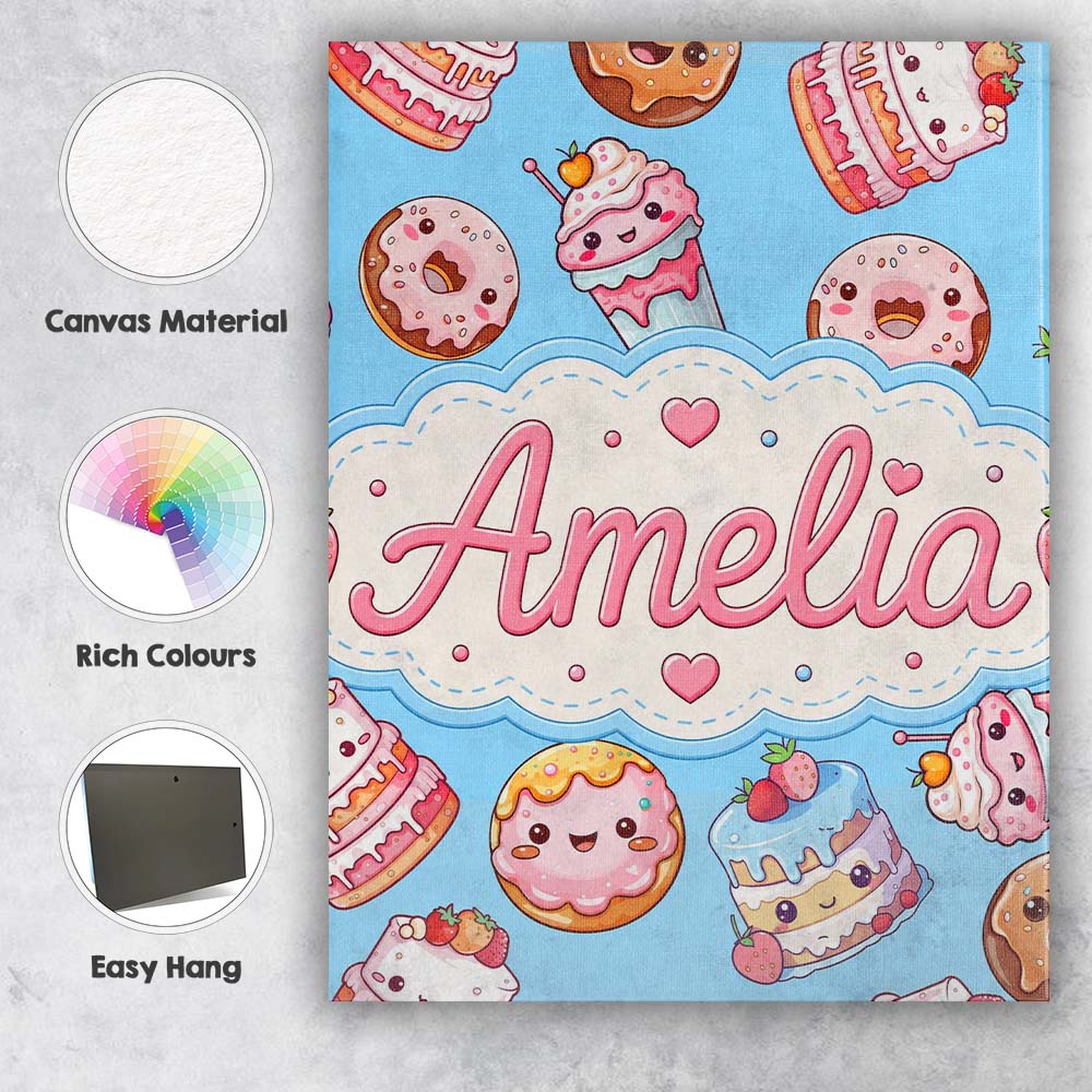 Personalised Name Cute Kawaii Donut Cake Custom  Unique Gift Idea Elegant Feature Canvas Wall Art Print Decor Picture Ready to Hang