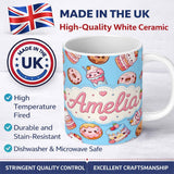 Personalized Custom Name Cute Kawaii Donut Cake Dessert Blue Background Seamless Pattern Name 11oz Ceramic Coffee Tea Mug White Large Handle