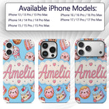 Cute Kawaii Donut Cake Dessert Blue Background Custom Name Protective Phone Case Mobile Cover Durable Everyday Smartphone Shock Resistant
