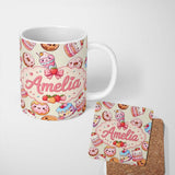 Personalized Custom Name Cute Kawaii Donuts Cakes Desserts Beige Background Seamless Pattern 11oz Ceramic Coffee Tea Mug White Large Handle