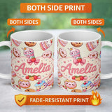 Personalized Custom Name Cute Kawaii Donuts Cakes Desserts Beige Background Seamless Pattern 11oz Ceramic Coffee Tea Mug White Large Handle