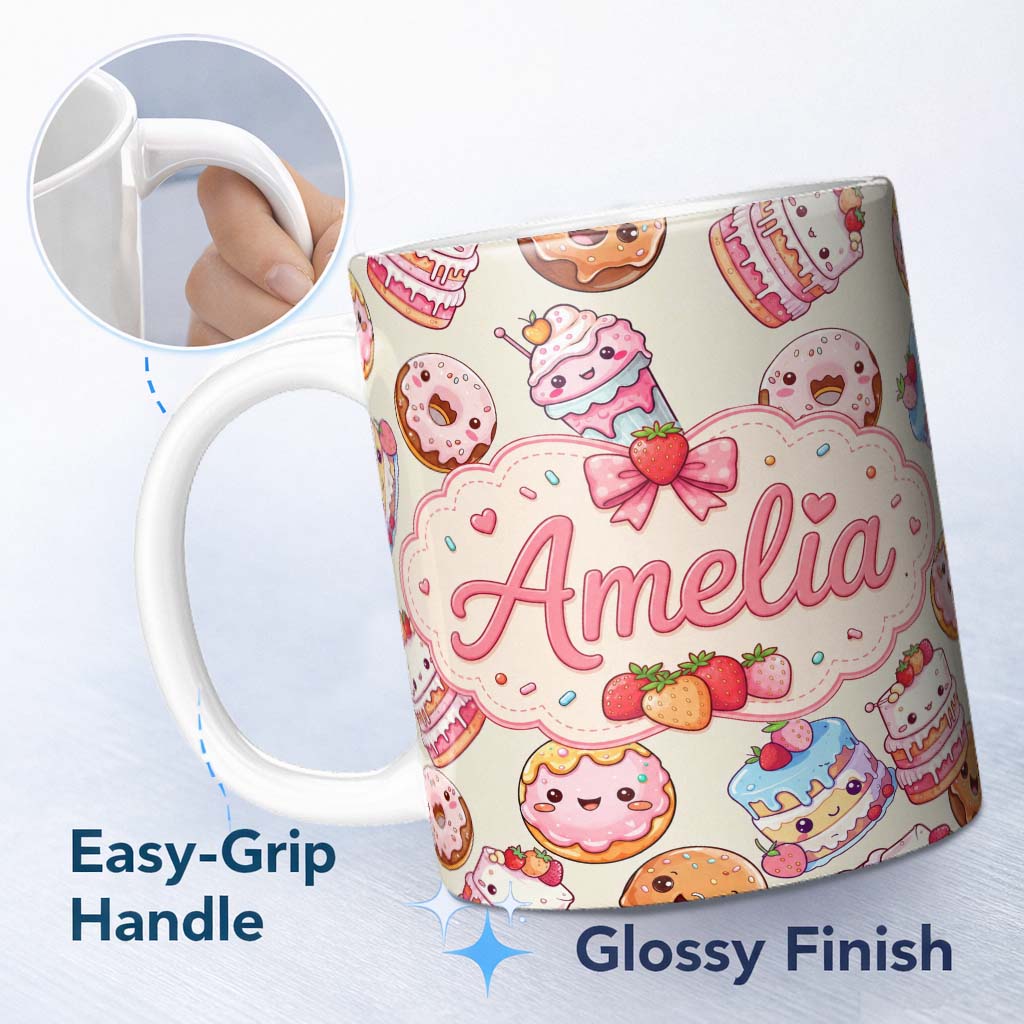 Personalized Custom Name Cute Kawaii Donuts Cakes Desserts Beige Background Seamless Pattern 11oz Ceramic Coffee Tea Mug White Large Handle