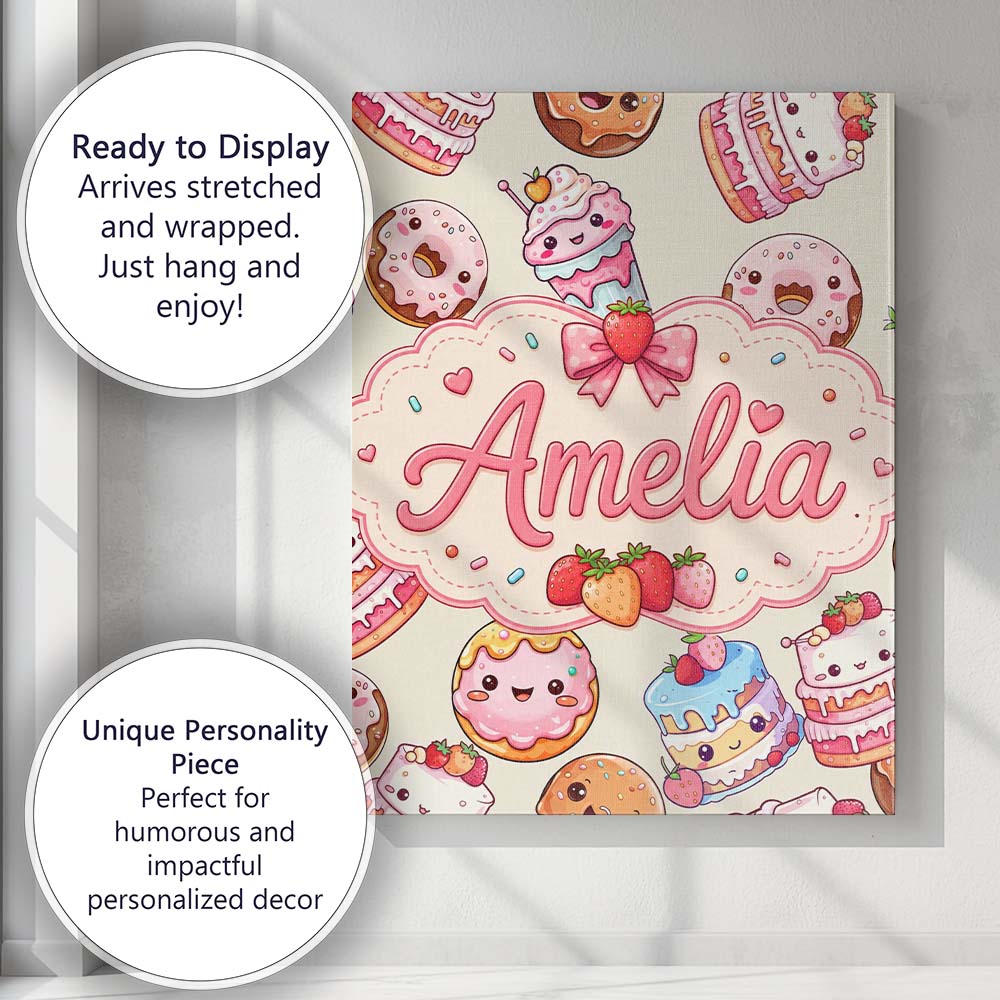 Personalised Name Cute Kawaii Donuts Cakes Custom  Unique Gift Idea Elegant Feature Canvas Wall Art Print Decor Picture Ready to Hang