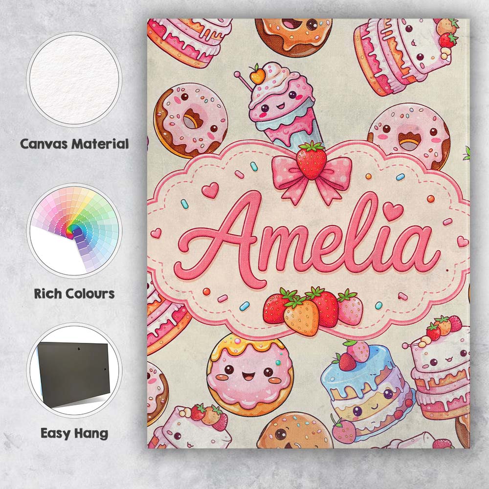 Personalised Name Cute Kawaii Donuts Cakes Custom  Unique Gift Idea Elegant Feature Canvas Wall Art Print Decor Picture Ready to Hang