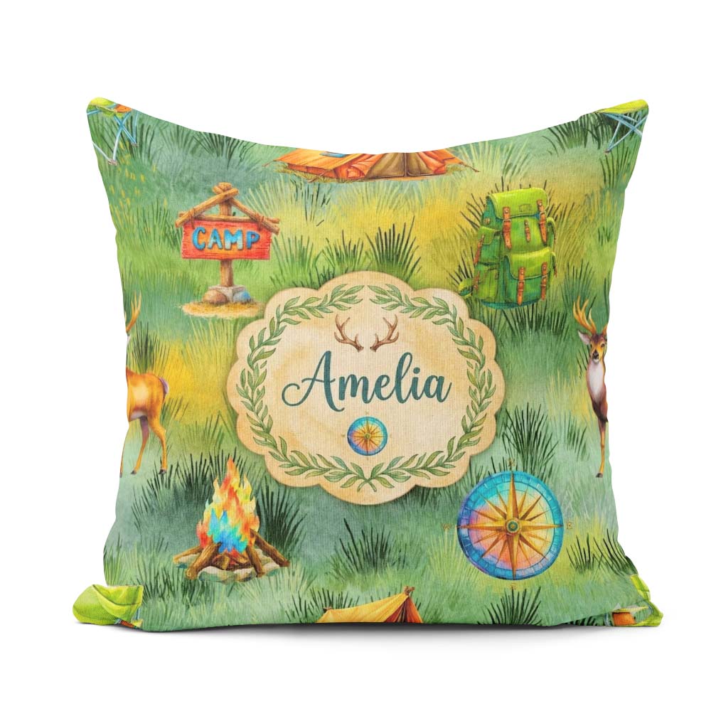Custom Name Camping Adventure Gear Watercolor Seamless Pattern Square Filled Cushion Throw Pillow Sofa Bed Home Decor Zip Washable UK Made