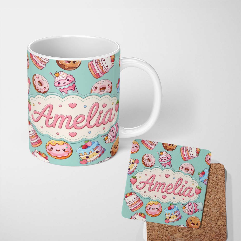 Personalized Custom Name Cute Kawaii Donuts Cakes Desserts Mint Background Seamless Pattern 11oz Ceramic Coffee Tea Mug White Large Handle