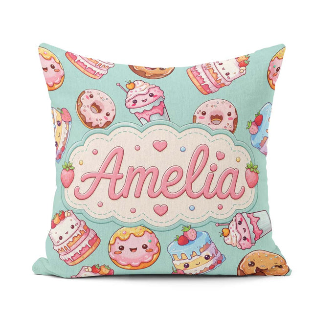 Custom Name Kawaii Donuts Cakes Desserts Mint Background Pattern Square Filled Cushion Throw Pillow Sofa Bed Home Decor Zip Washable UK Made