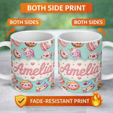 Personalized Custom Name Cute Kawaii Donuts Cakes Desserts Mint Background Seamless Pattern 11oz Ceramic Coffee Tea Mug White Large Handle