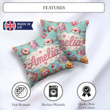 Custom Name Kawaii Donuts Cakes Desserts Mint Background Pattern Square Filled Cushion Throw Pillow Sofa Bed Home Decor Zip Washable UK Made