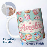 Personalized Custom Name Cute Kawaii Donuts Cakes Desserts Mint Background Seamless Pattern 11oz Ceramic Coffee Tea Mug White Large Handle