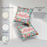Custom Name Kawaii Donuts Cakes Desserts Mint Background Pattern Square Filled Cushion Throw Pillow Sofa Bed Home Decor Zip Washable UK Made