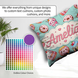 Custom Name Kawaii Donuts Cakes Desserts Mint Background Pattern Square Filled Cushion Throw Pillow Sofa Bed Home Decor Zip Washable UK Made