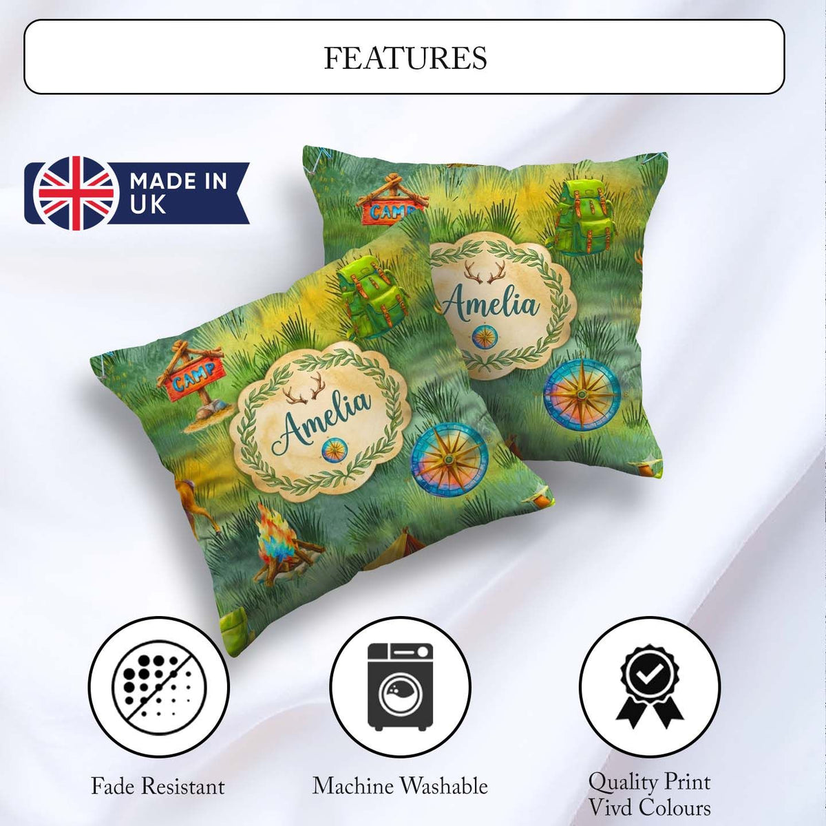 Custom Name Camping Adventure Gear Watercolor Seamless Pattern Square Filled Cushion Throw Pillow Sofa Bed Home Decor Zip Washable UK Made