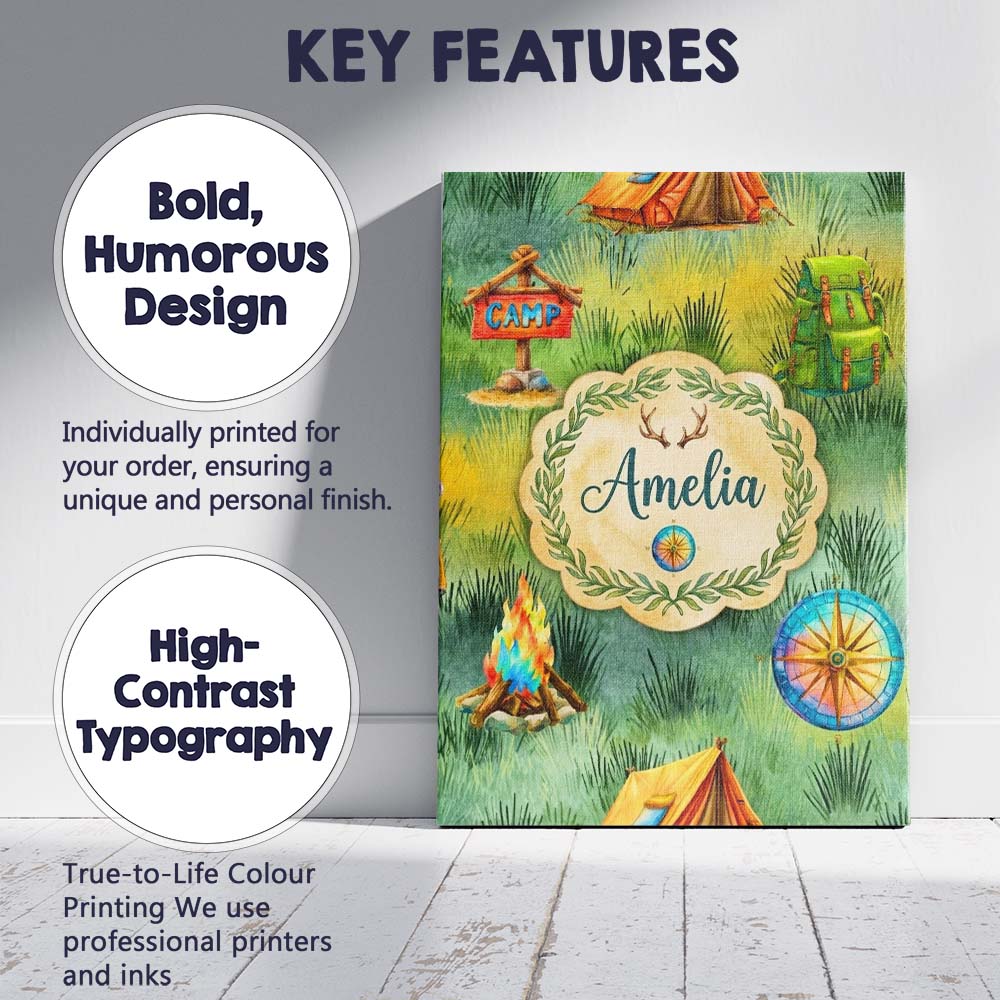 Personalised Name Camping Adventure Gear Watercolor Seamless Pattern Custom  Home Canvas Wall Art Print Decor Picture Ready to Hang