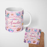 Personalized Custom Name Cute Cartoon Mermaid with Sea Creatures on Soft Pink Background Kids 11oz Ceramic Coffee Tea Mug White Large Handle