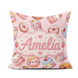 Custom Name Cute Kawaii Donuts Cakes Desserts Soft Pink Seamless Square Filled Cushion Throw Pillow Sofa Bed Home Decor Zip Washable UK Made