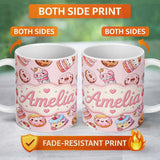 Personalized Custom Name Cute Kawaii Donuts Cakes Desserts Soft Pink Background Seamless 11oz Ceramic Coffee Tea Mug White Large Handle