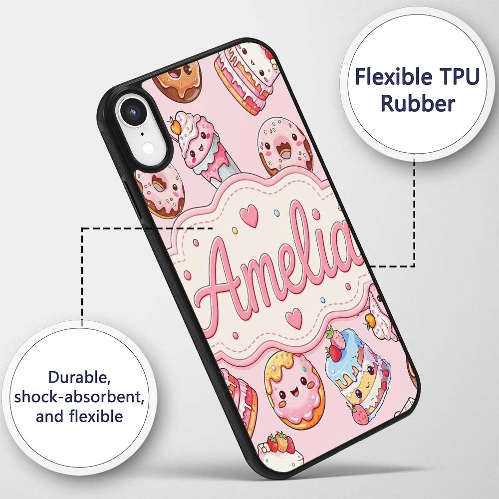 Cute Kawaii Donuts Cakes Desserts Printed Design Custom Name Protective Phone Case Mobile Cover Durable Everyday Smartphone Shock Resistant