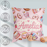 Custom Name Cute Kawaii Donuts Cakes Desserts Soft Pink Seamless Square Filled Cushion Throw Pillow Sofa Bed Home Decor Zip Washable UK Made