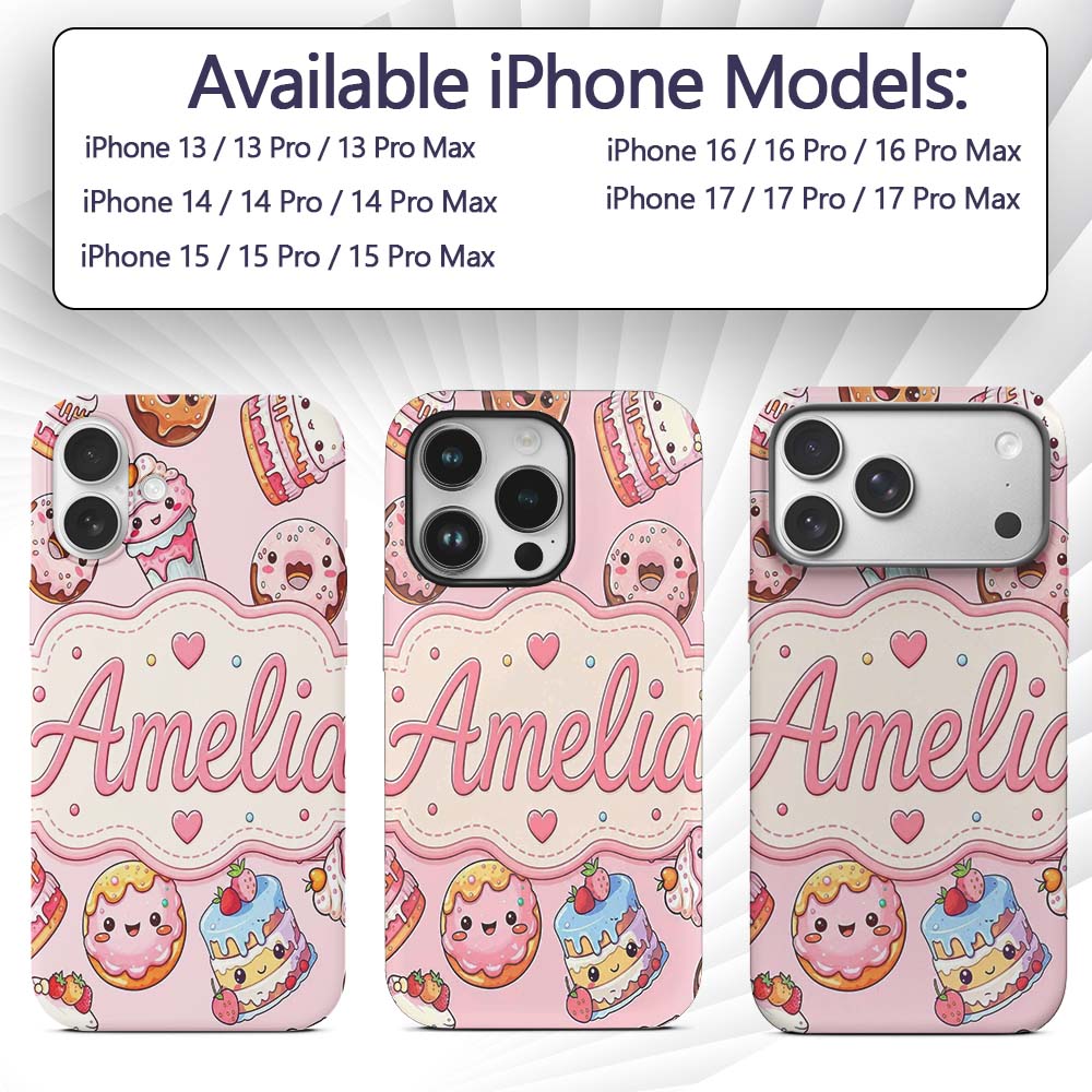 Cute Kawaii Donuts Cakes Desserts Printed Design Custom Name Protective Phone Case Mobile Cover Durable Everyday Smartphone Shock Resistant