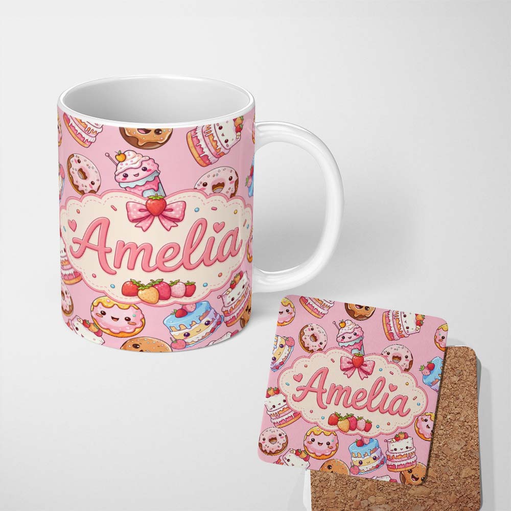 Personalized Custom Name Cute Kawaii Donuts Cakes Desserts Blush Pink Background Seamless 11oz Ceramic Coffee Tea Mug White Large Handle