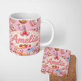 Personalized Custom Name Cute Kawaii Donuts Cakes Desserts Blush Pink Background Seamless 11oz Ceramic Coffee Tea Mug White Large Handle
