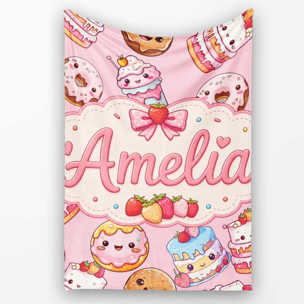 Cute Kawaii Donuts Cakes Desserts Blush Pink Background Seamless  Personalised Custom Name Super Soft Fleece Blanket Bed Sofa Throw
