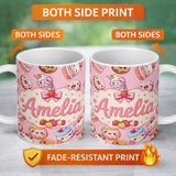 Personalized Custom Name Cute Kawaii Donuts Cakes Desserts Blush Pink Background Seamless 11oz Ceramic Coffee Tea Mug White Large Handle