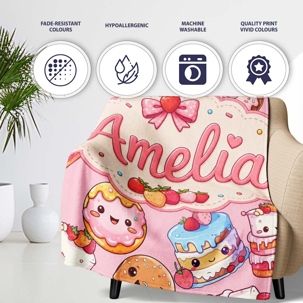 Cute Kawaii Donuts Cakes Desserts Blush Pink Background Seamless  Personalised Custom Name Super Soft Fleece Blanket Bed Sofa Throw