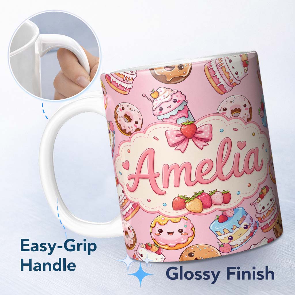 Personalized Custom Name Cute Kawaii Donuts Cakes Desserts Blush Pink Background Seamless 11oz Ceramic Coffee Tea Mug White Large Handle