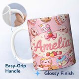 Personalized Custom Name Cute Kawaii Donuts Cakes Desserts Blush Pink Background Seamless 11oz Ceramic Coffee Tea Mug White Large Handle