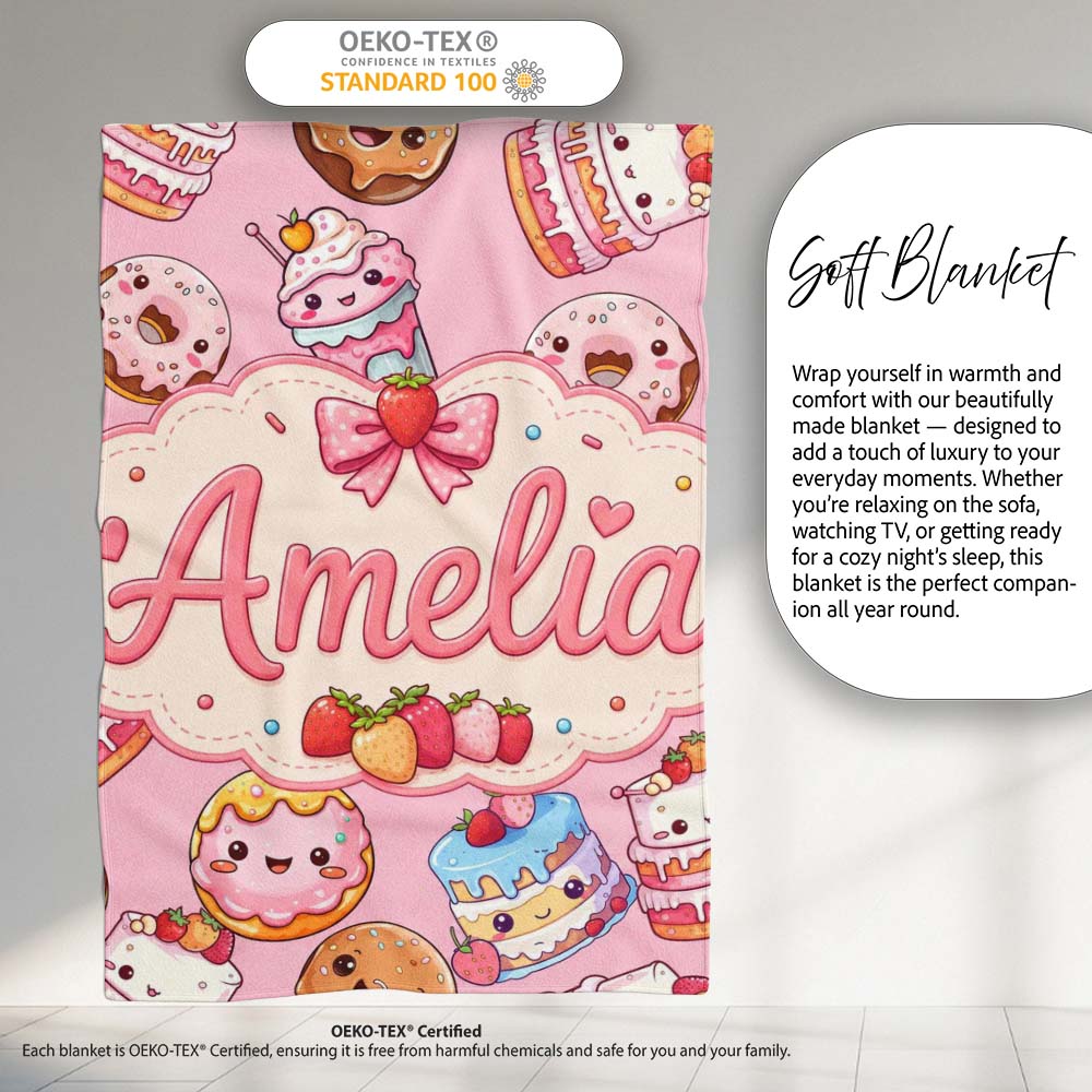 Cute Kawaii Donuts Cakes Desserts Blush Pink Background Seamless  Personalised Custom Name Super Soft Fleece Blanket Bed Sofa Throw