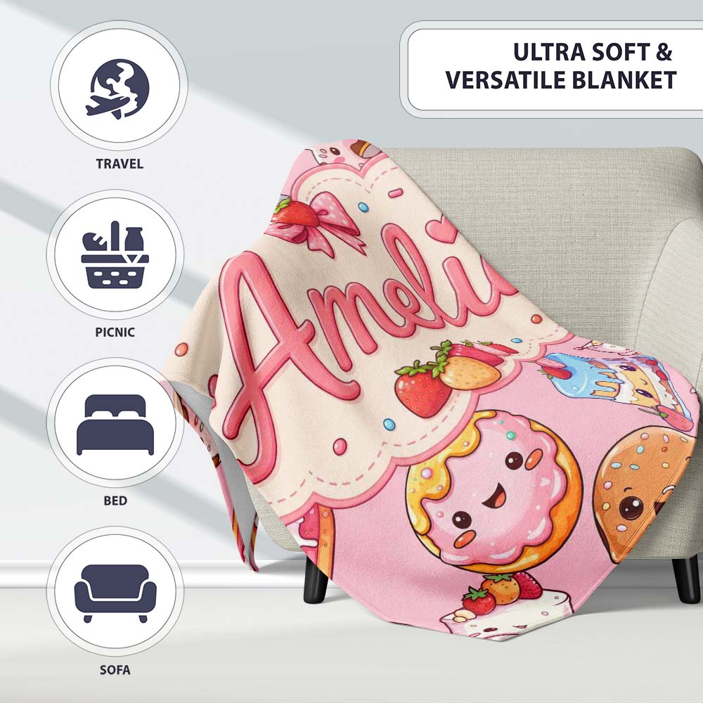 Cute Kawaii Donuts Cakes Desserts Blush Pink Background Seamless  Personalised Custom Name Super Soft Fleece Blanket Bed Sofa Throw