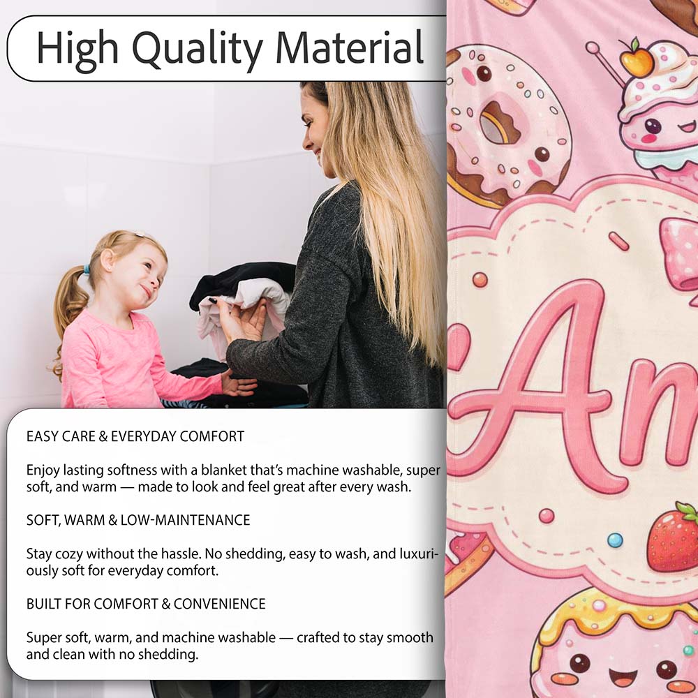 Cute Kawaii Donuts Cakes Desserts Blush Pink Background Seamless  Personalised Custom Name Super Soft Fleece Blanket Bed Sofa Throw